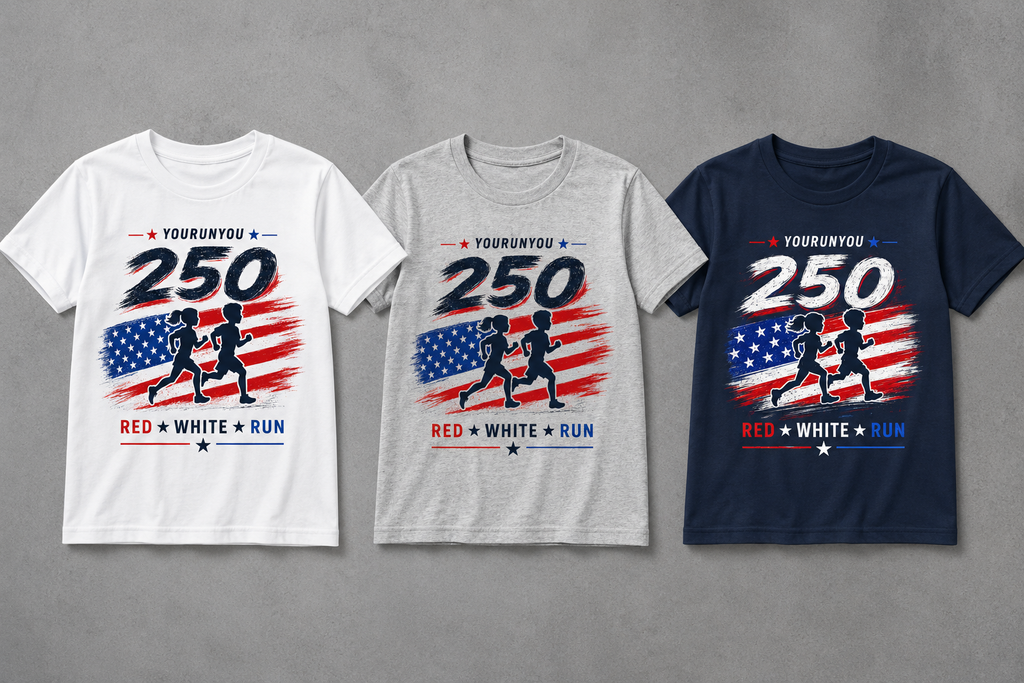 Youth 4th of July Running Shirt – Kids Patriotic Tee | America 250 | Red White & Run | Independence Day Youth Shirt