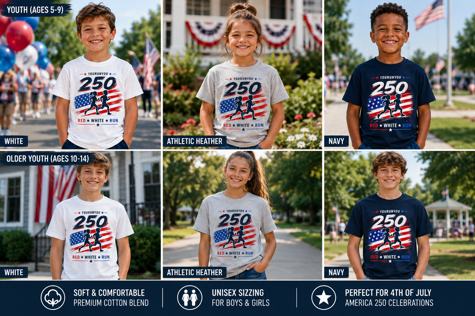 Youth 4th of July Running Shirt – Kids Patriotic Tee | America 250 | Red White & Run | Independence Day Youth Shirt