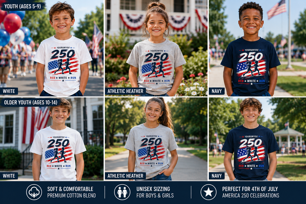 Kids 4th of July Shirt, America 250 Shirt for Kids, Red White Run Tee, Patriotic Running Shirt, USA Flag Youth Shirt, Independence Day Tee