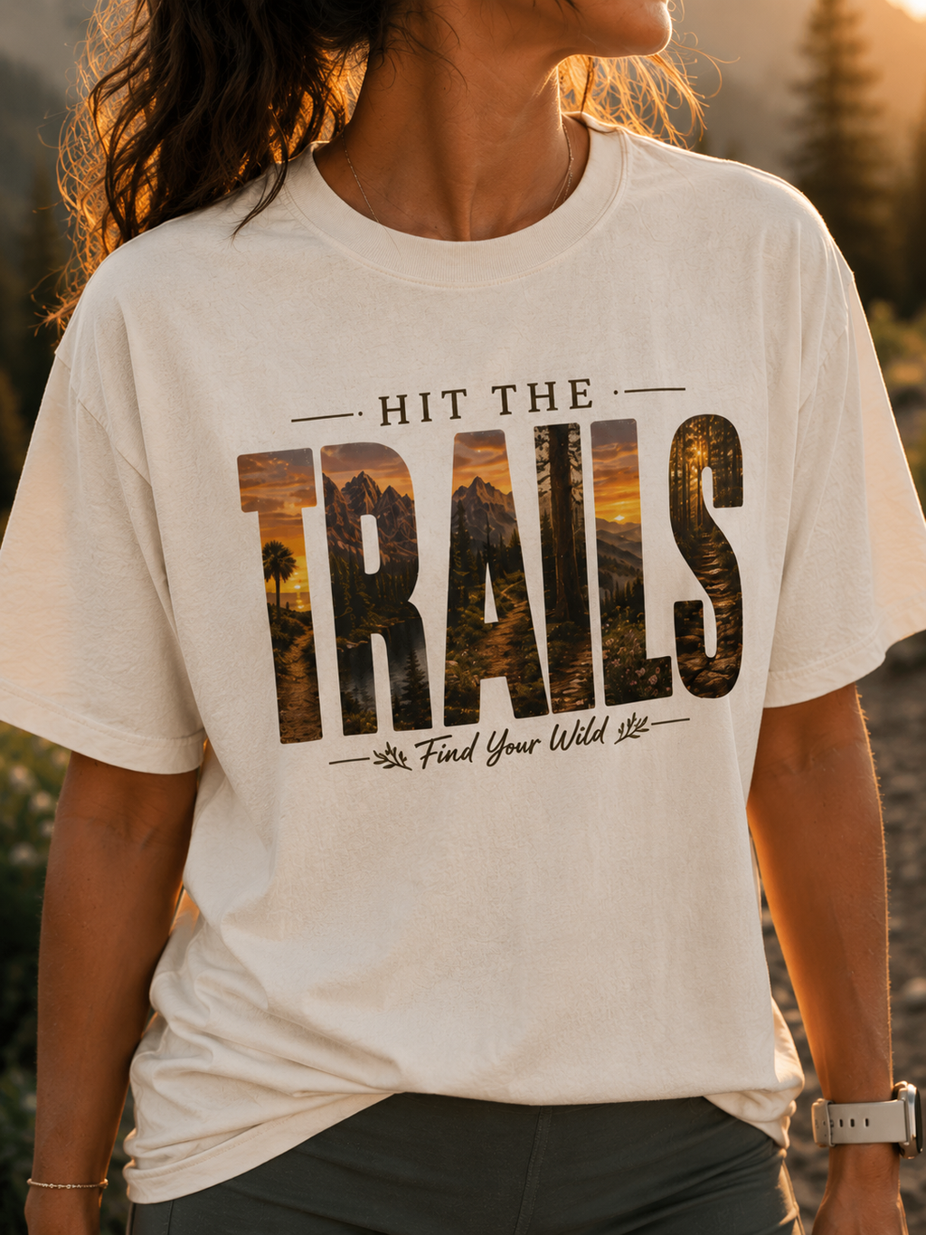 🌲 HIT THE TRAILS – Nature Inspired Outdoor Adventure Tee 🌲
