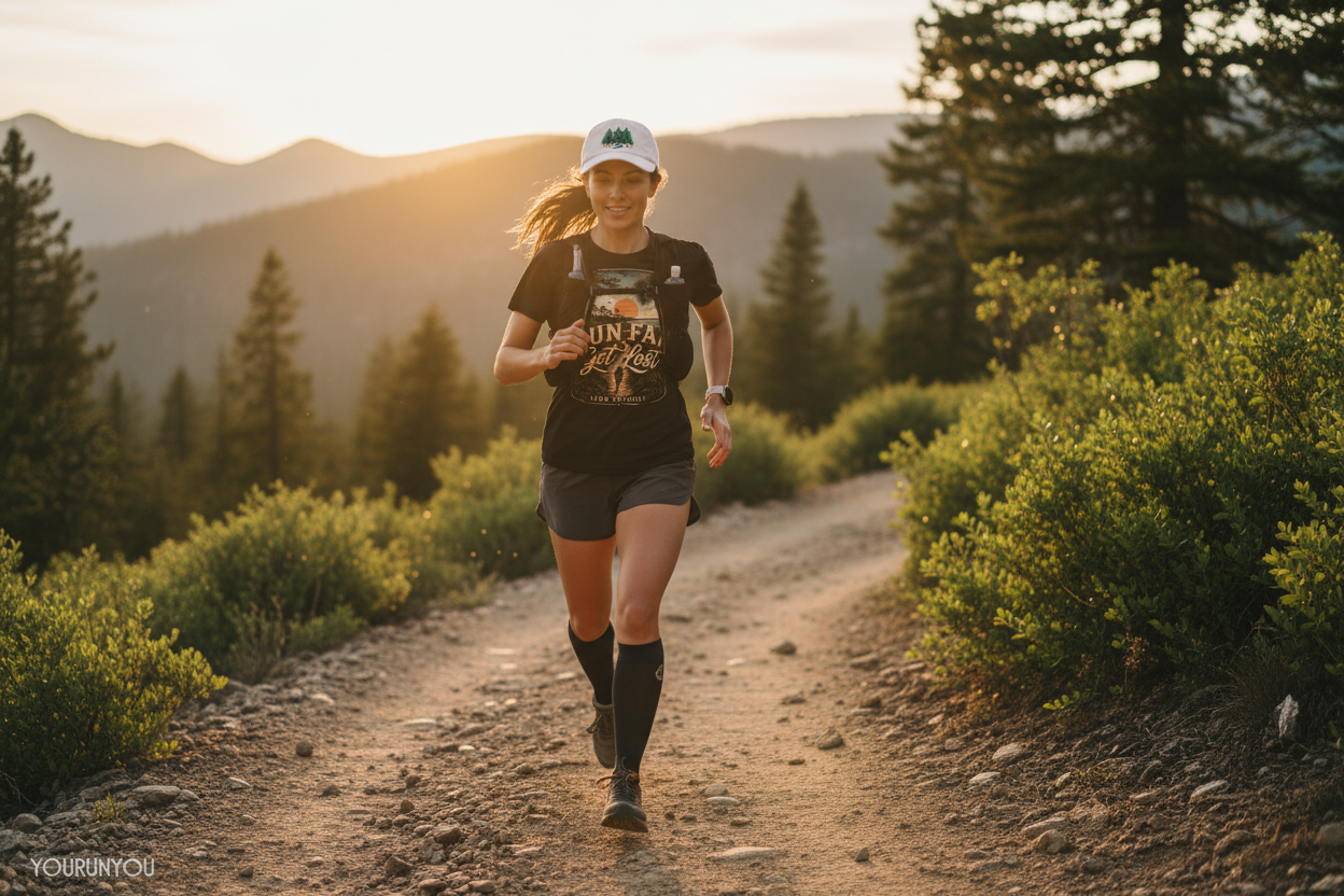 Trail Runner wearing Live Ultra Hat & Run Far Tee